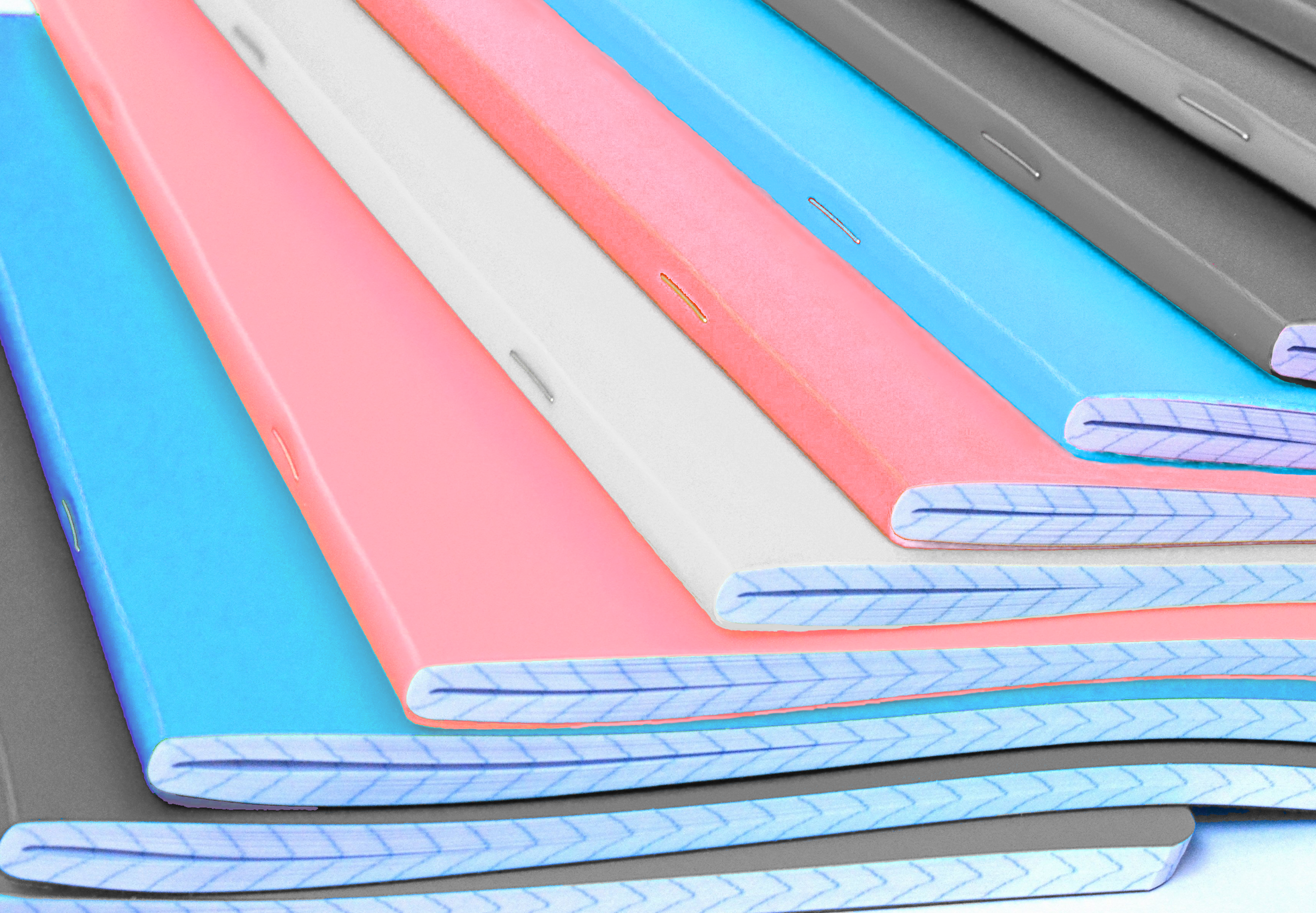 Stack of journals fanned out in the trans flag colors, blue, pink, and white.